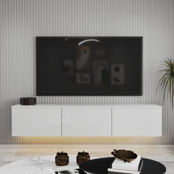 Meuble TV bas Alston blanc brillant éclairage LED 3