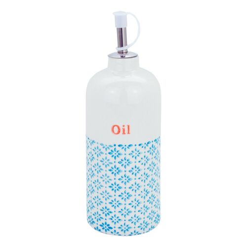 Nicola Spring Hand-Printed Japanese China Olive Oil Dispenser Bottle - Blue / Orange - 500ml