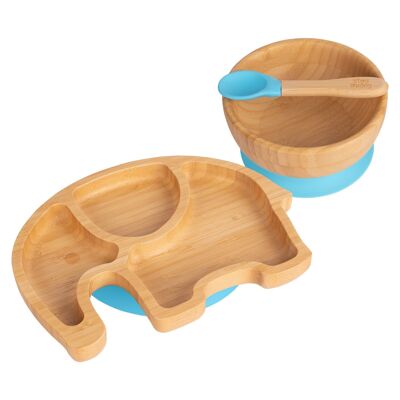 Tiny Dining Plato, cuenco y cuchara de elefante de bambú para niños con ventosas - Azul