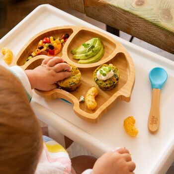 Assiette, bol et cuillère en bambou pour enfants Tiny Dining avec ventouses - Bleu 3