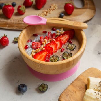 Assiette, bol et cuillère en bambou pour enfants Tiny Dining avec ventouses - Bleu 4