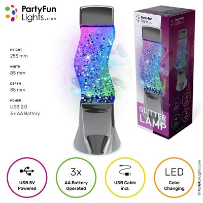 PartyFunLights - Lámpara LED con purpurina - funciona con USB y pilas - cambia de color - 26 cm de altura