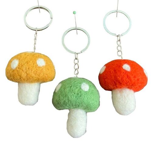 sustainable mushroom keychains set (3x) ocher, green, orange - wool felt - handmade in Nepal - mushroom keychain