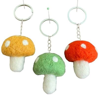 sustainable mushroom keychains set (3x) ocher, green, orange - wool felt - handmade in Nepal - mushroom keychain