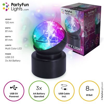 PartyFunLights - Mini lampe de fête - avec effets lumineux - tourne et change de couleur - fonctionne sur USB et piles