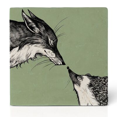 Tile coaster [natural stone] - fox and hedgehog