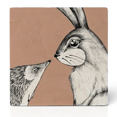 Tile coaster [natural stone] - hare and hedgehog