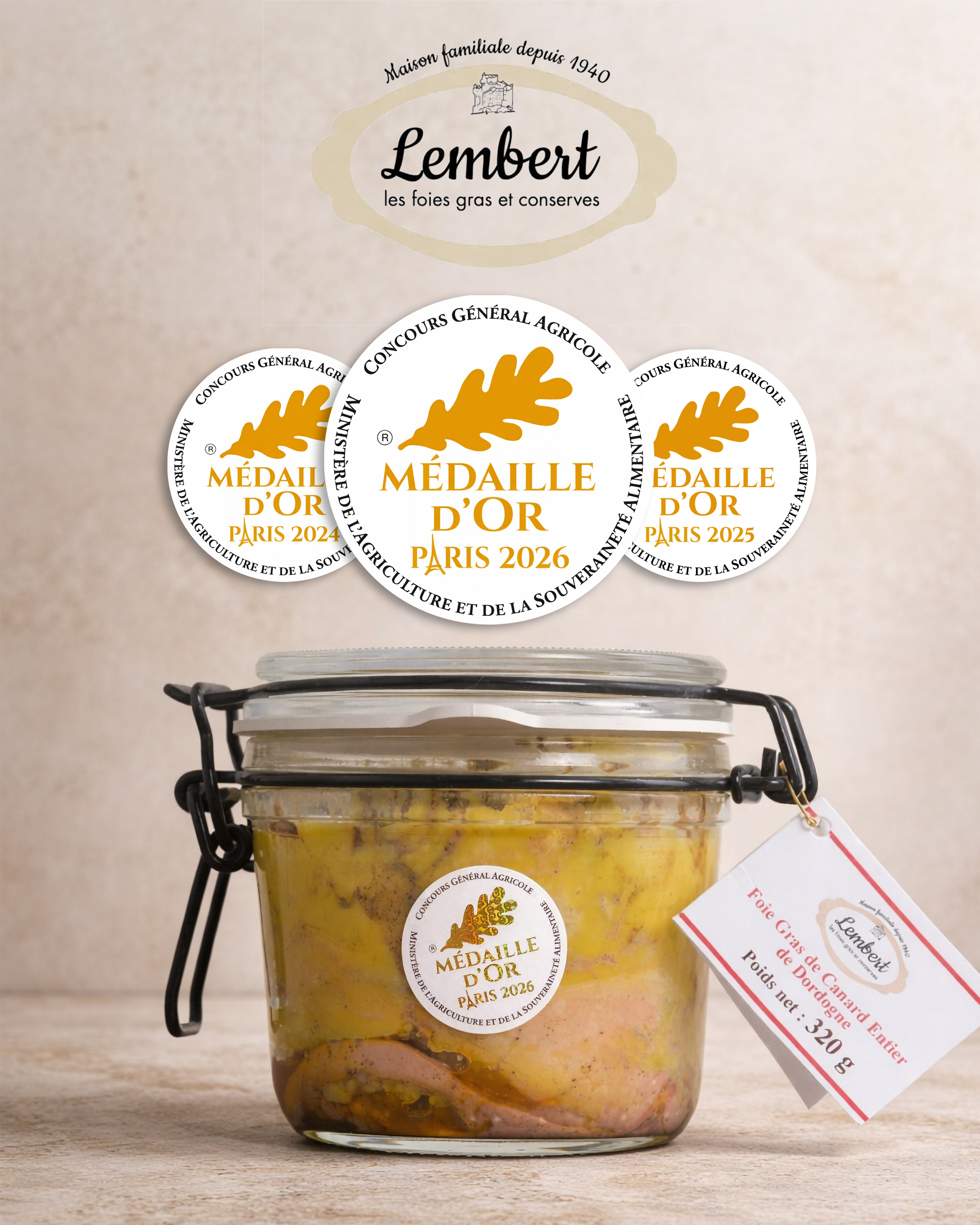 Whole duck foie gras (origin Dordogne) 190g, gold medal 2024, 2025 and 2026