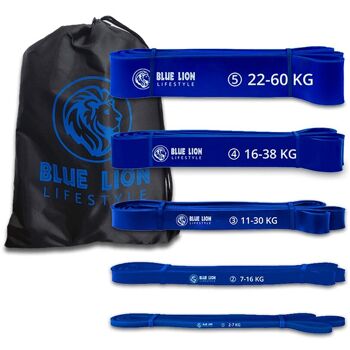 Ensemble Blue Lion Powerband - Ensemble de bandes de résistance fitness avec 5 résistances différentes - Ensemble de bandes de résistance de 2 à 60 KG - Avec sac de rangement 1