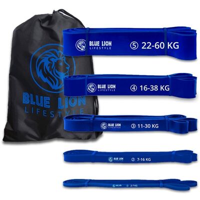 Blue Lion Powerband set - Fitness Resistance bands set with 5 different resistances - Resistance band set from 2 to 60 KG - With storage bag
