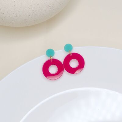 Colorblock circle ear studs in turquoise & pink