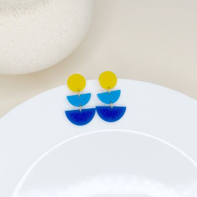 Blue Yellow Half Circle Statement Earrings