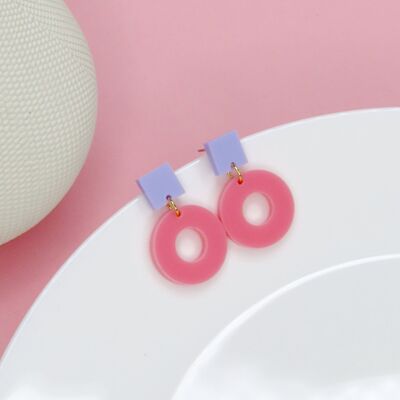 Square Circle Stud Earrings in Lilac & Pink