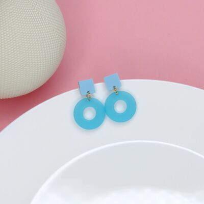 Square Circle Stud Earrings in Light Blue & Ice Blue