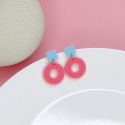 Square Circle Stud Earrings in Light Blue & Pink