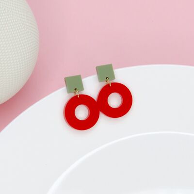 Square Circle Stud Earrings in Khaki & Red