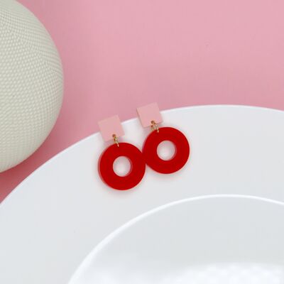Square Circle Stud Earrings in Pink & Red