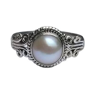 Unique Vintage Round Freshwater White Pearl 925 Sterling Silver Handmade Ring