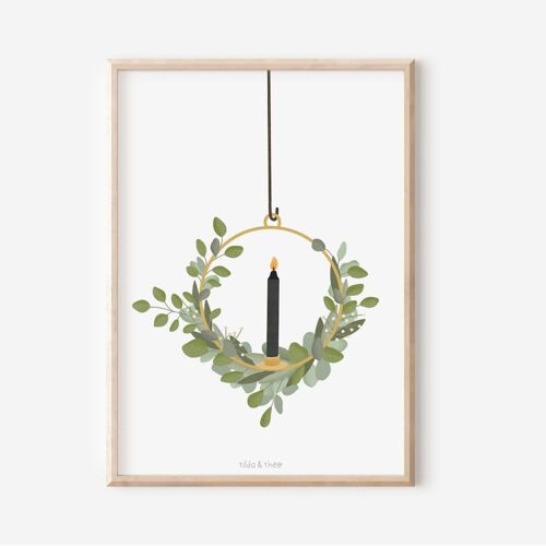 Poster Weihnachten Eukalyptuskranz Kerze - Kunstdruck Türkranz