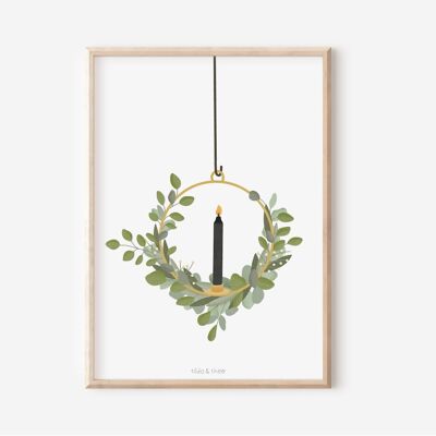 Poster Christmas eucalyptus wreath candle - art print door wreath