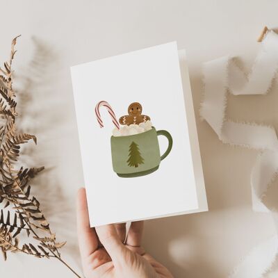 Tarjeta de felicitación de Navidad Pan de jengibre con chocolate caliente - Tarjeta plegable A6 Taza de Navidad