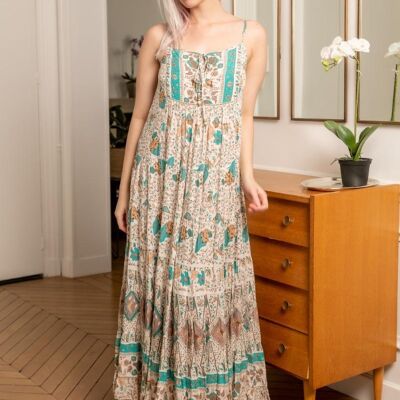 Langes Kleid mit dünnen Trägern mit Bohemian-Print und Schnüren string