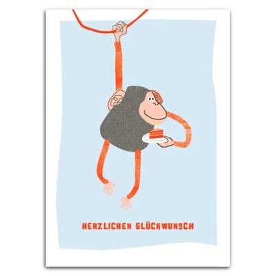 Cartolina congratulazioni scimmia con stampa al neon