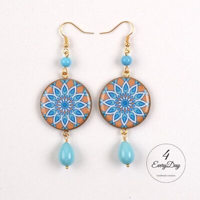 Earrings: orange and blue majolica with blue pearl