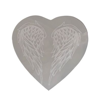 Disco de carga grabado con corazón de selenita de 10 cm - Alas de ángel