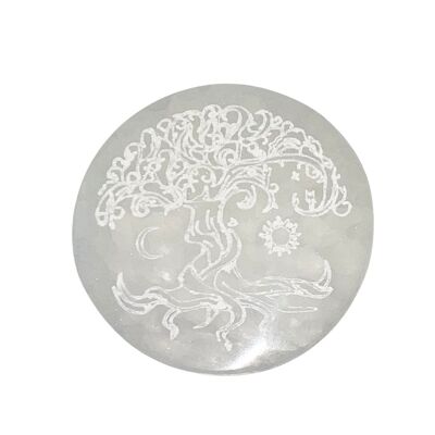 10cm Selenite round engraved charging disc - Tree of life