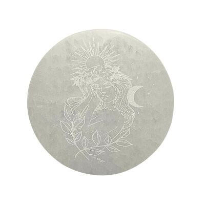 Disco di ricarica inciso rotondo in selenite da 10 cm - Spirito libero
