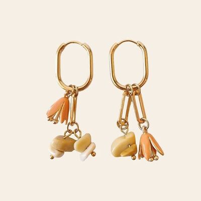 Asymmetrical Fanche Earrings, Oval Hoops, Flower Charms and Topaz Natural Stones