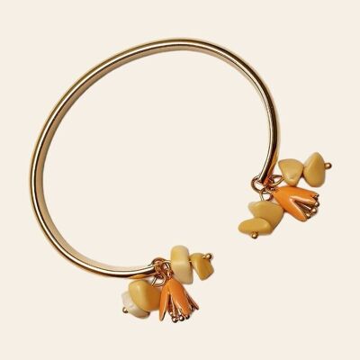 Faron Bangle Bracelet, Stainless Steel, Flower Charms and Topaz Natural Stones