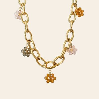Ed-Halskette, Edelstahl und Blumenanhänger aus beigem, orangefarbenem und rosafarbenem Glas