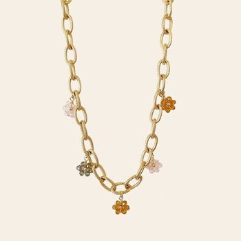 Collier Ed, Acier Inoxydable et Pendentifs Fleurs en Verre Beige, Orange et Rose 2