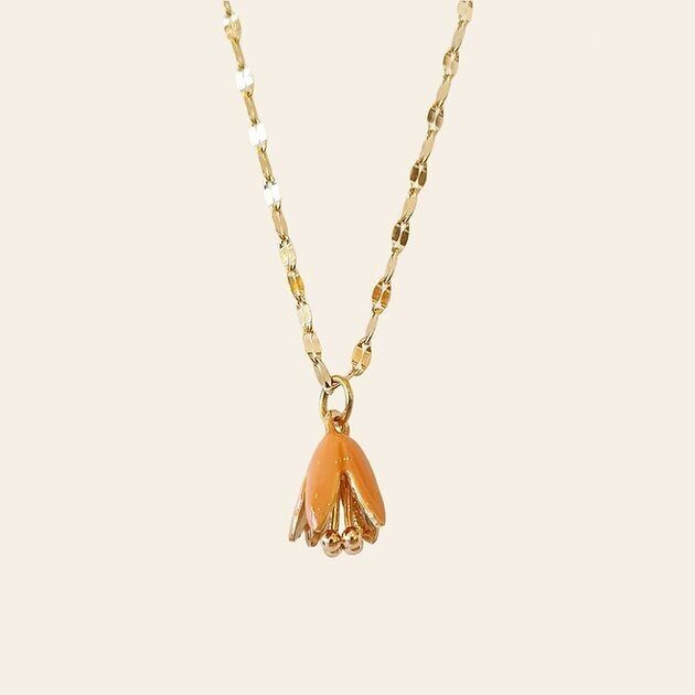 Fantin Necklace, Stainless Steel and Orange Zamac Flower Charm