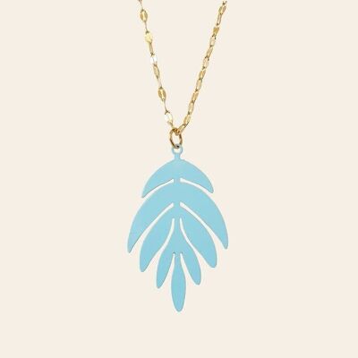 Farid Necklace, Stainless Steel and Sky Blue Iron Leaf Pendant