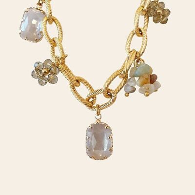 Gaëdig-Halskette, beige Blumenanhänger, beige Rechtecke und Amazonit-Natursteine