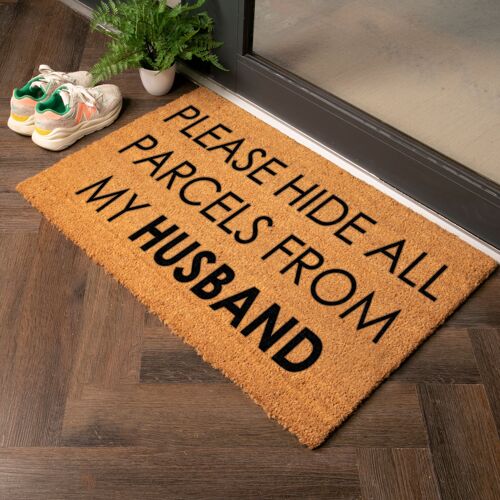 Please Hide All Parcels From My Husband Country Size Coir Doormat