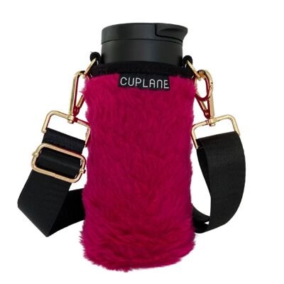 Becherhalter ToGo Set CUPLANE Pink Fur Sleeve, Black Cup & Black Strap