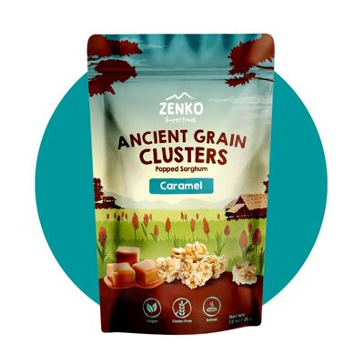 ZENKO Ancient Grain Clusters – Karamell (24x35g) | Vegan und glutenfrei | Gesunder Snack | Besser als Popcorn!