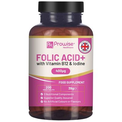 Folic Acid+ 400 mcg - Tabletas veganas con vitamina B12 y yodo