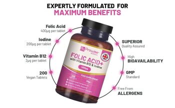 Acide folique+ 400 mcg - Comprimés végétaliens avec vitamine B12 et iode 5