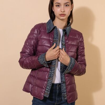 Short mixed-material denim down jacket Purple