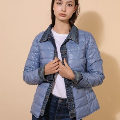 Short dual-material denim padded jacket Blue