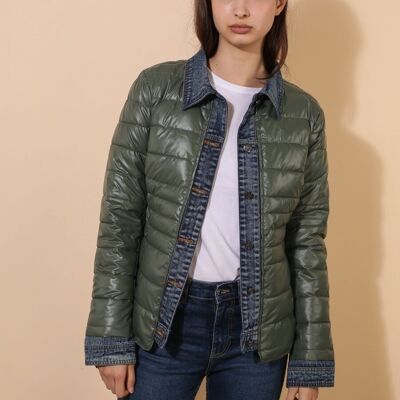 Short dual-material jacket in green metal jeans