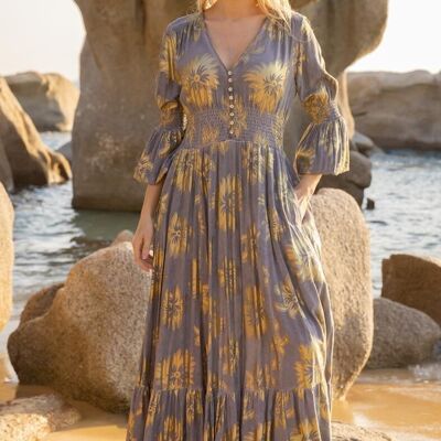 Loose fit long dress with gold effect print, invisible pockets