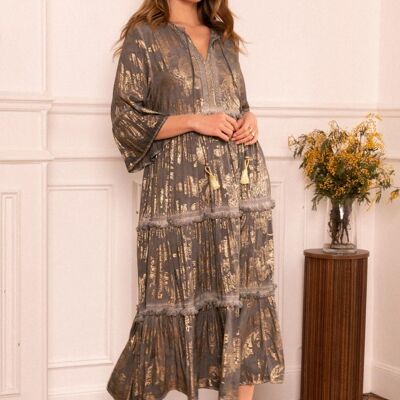 Maxi dress with loose fit, printed with gold effect, strap collar