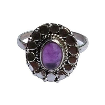 Flower Pattern Natural Amethyst 925 Silver Statement Ring