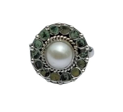 Unique Flower Round Fresh water White Pearl 925 Silver Ring
